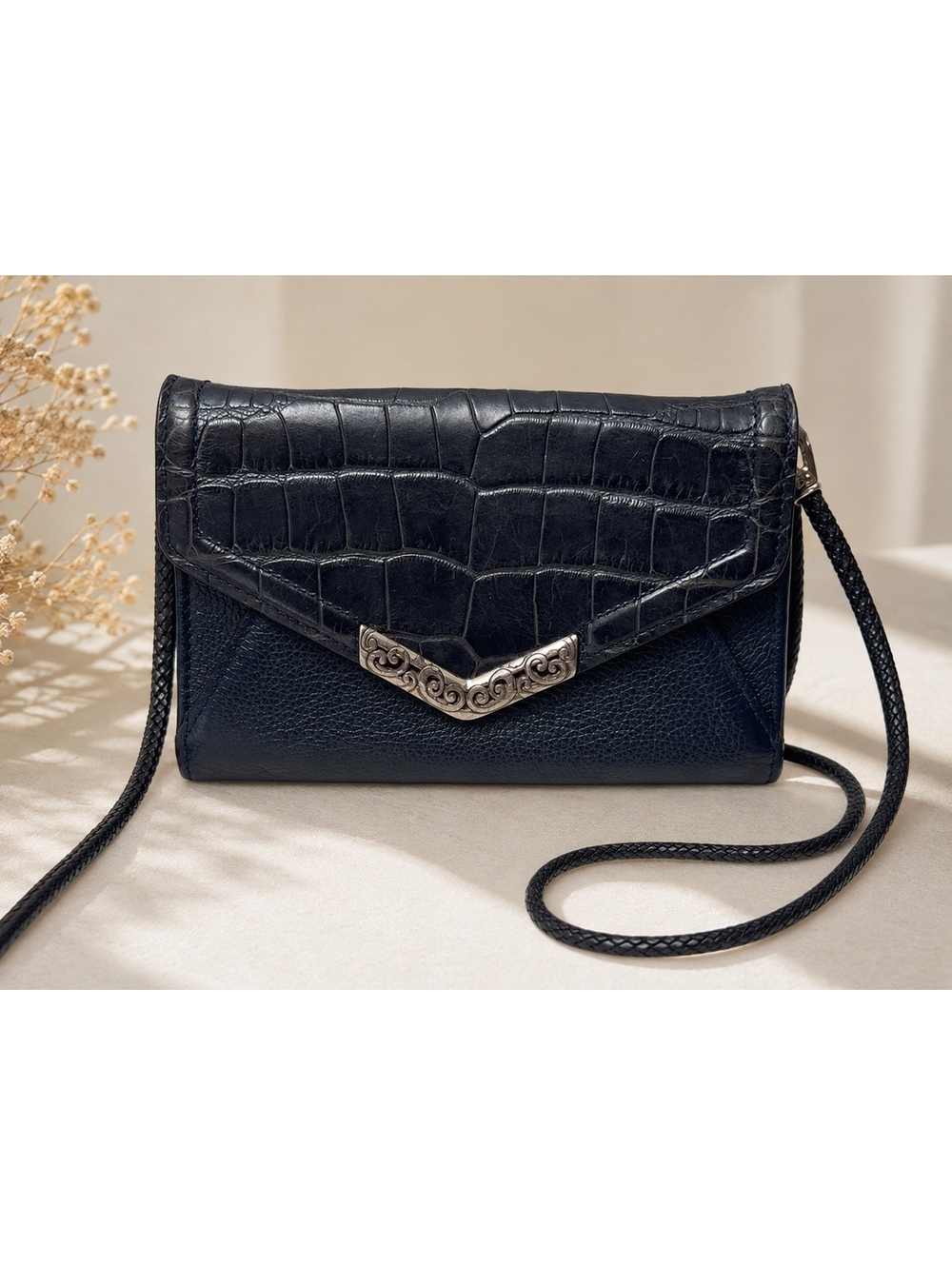 Brighton Dark Blue Leather Croc Embossed Crossbody Wallet Clutch